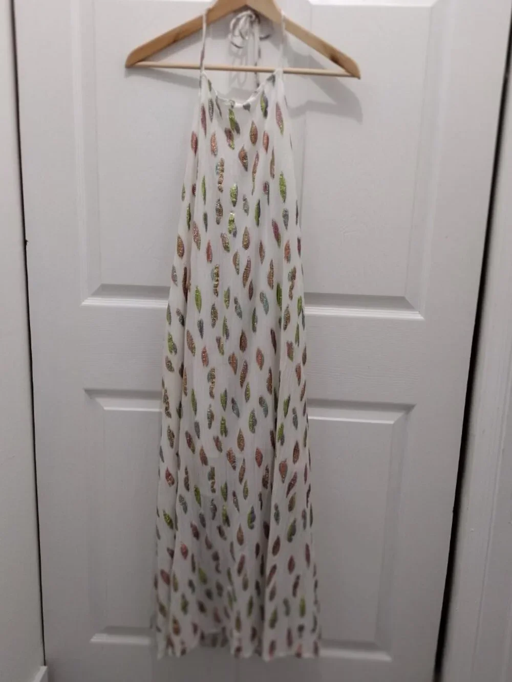 PQ Swim Chantel Dress Metallic Leaf Halter Open Back Crinkle Chiffon M/L - Picture 6 of 14